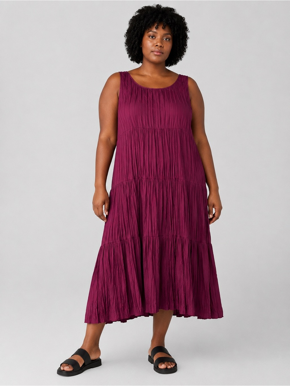 NWOT Eileen Fisher Crushed Silk Tiered Maxi Dress in Deep Magenta/Berry Size XL
